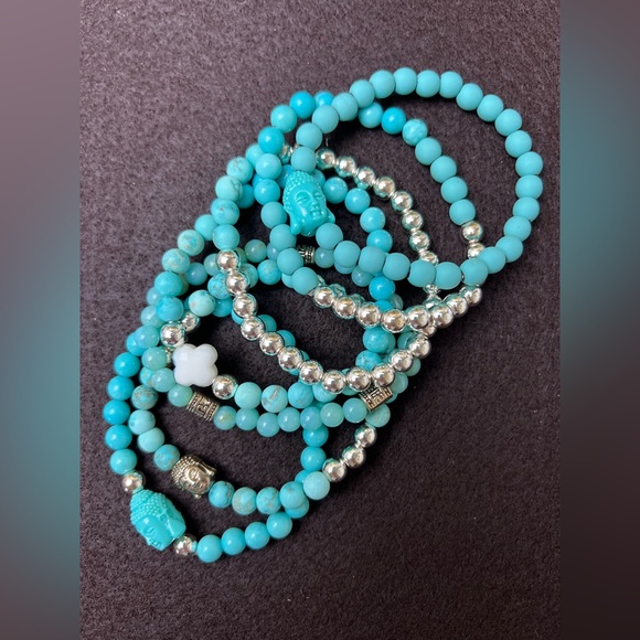 Turquoise Blue & Silver Buddha Bracelet Set -Stacked Bracelet Bead Bracelet Set - Picture 7 of 16
